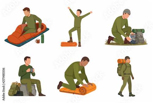Set of male hiker characters in various camping activities, including cooking, sleeping, and trekking with a backpack.
