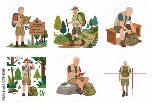 Senior man enjoying outdoor activities, hiking, birdwatching and exploring nature, flat vector illustration set.