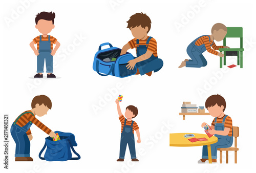 Set of boy character illustrations performing various activities such as packing a bag and playing with cards