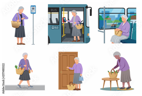 Senior Woman Daily Life and Public Transport Flat Vector Illustrations Set