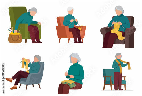 Set of flat illustrations featuring an elderly woman engaged in knitting activities, sitting in armchairs, and holding handmade scarves.