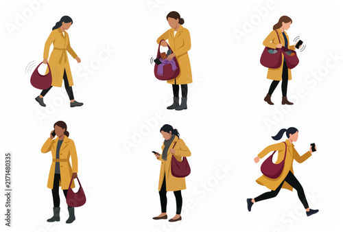 Set of illustrations of a busy woman in a yellow coat using a smartphone and searching through her bag