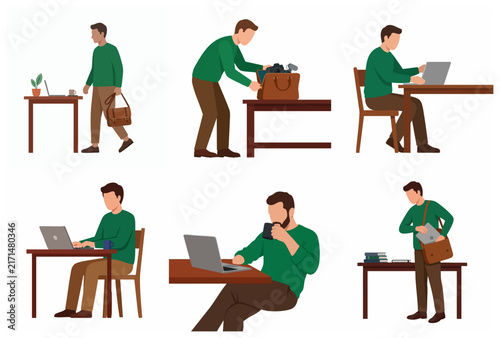 Professional man character set working on laptop, packing camera gear and drinking coffee