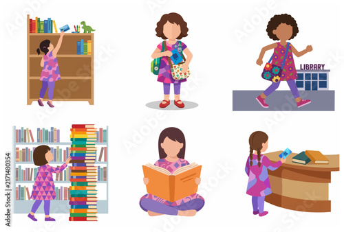 Vector Illustration Set of Young Girls Reading Books and Visiting the Library