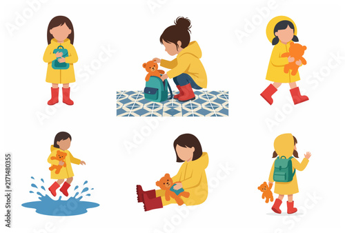 Cute Little Girl in Yellow Raincoat and Red Boots Character Set, Kids Rainy Day Activities Illustration with Teddy Bear and Backpack