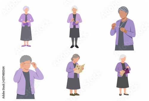 Elderly woman character set in various poses, senior lady with glasses and purse flat vector illustration