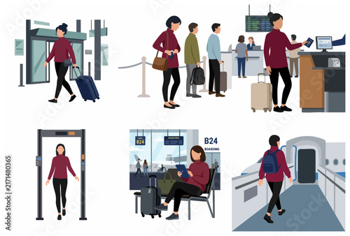 Set of vector illustrations depicting a female passenger's journey through an airport terminal including check-in, security, and boarding.