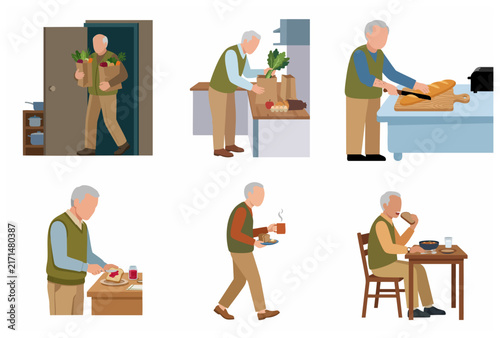 Set of flat vector illustrations of a senior man's daily kitchen and food routine