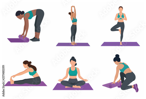 Vector illustration of diverse women practicing yoga poses and stretching on mats for health and wellness