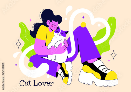 Cat Lover Vector Illustration Featuring Unique Pet Bond, Playful Felines, Affectionate Owner and Cozy Animal Friendship Concept
