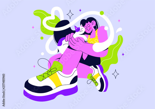 Cat Lover Vector Illustration Featuring Unique Pet Bond, Playful Felines, Affectionate Owner and Cozy Animal Friendship Concept