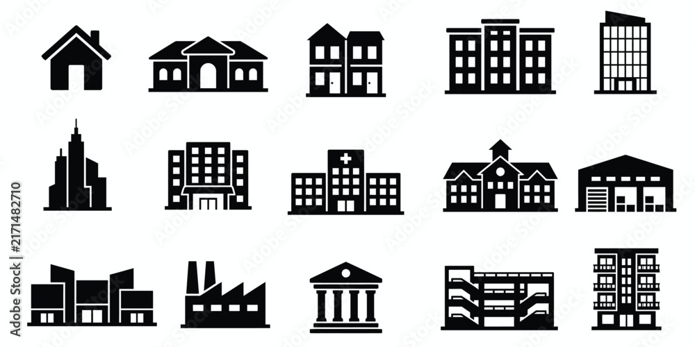 Fototapeta premium Set of black and white building icons representing various types of residential commercial and industrial real estate structures