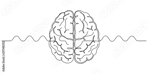 Black outline icon of a human brain with a zig zag line going through it representing brain waves and mental activity or intelligence in a simple minimal design for web and graphic use