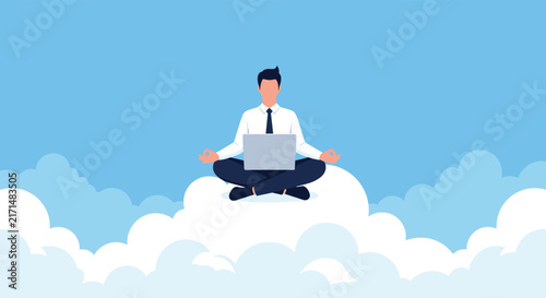 Businessman sitting in a lotus meditation pose on a white cloud while working on his silver laptop in the blue sky.