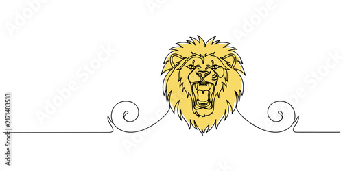 Minimalist yellow lion head illustration with decorative swirl lines isolated graphic design element for creative branding projects and artistic stylized nature emblem for modern logos