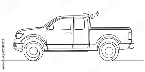 Simple black and white line drawing of a pickup truck viewed from the side showing the vehicle body and wheels in a clean artistic sketch style perfect for coloring book projects