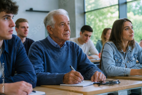 A senior man studies among younger students in a modern university classroom, taking notes attentively. Intergenerational learning, lifelong education and social participation concept