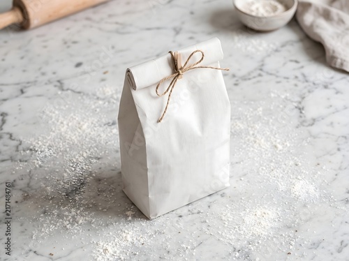 Blank White Paper Bag Tied with Twine and a Wooden Clothespin on a Marble Kitchen Counter Dusted with Flour Ideal for Bakery Packaging Mockups and Artisan Food Branding Presentations