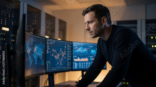 Professional IT specialist monitoring global network data and analytics on screens in server room