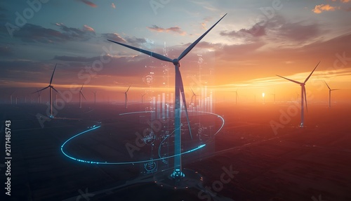 Futuristic wind farm with digital data streams at golden hour sunset