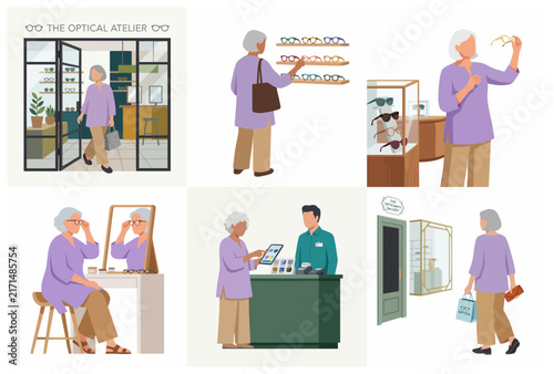 Senior woman shopping for new eyeglasses at an optical boutique illustration set