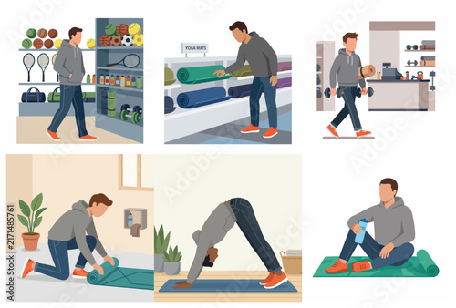 Flat vector illustration set of a man buying fitness equipment at a store and practicing yoga at home for a healthy lifestyle