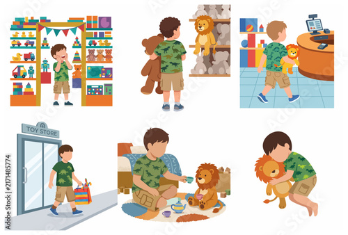 Cartoon set of a little boy visiting a toy store to buy a stuffed lion and playing with it at home.