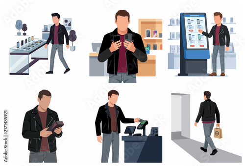 Man shopping for new smartphone in electronics store illustration set. Customer choosing, comparing, and buying mobile phone gadget in retail shop. Flat vector character shopping process.
