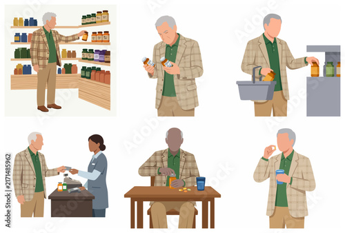 Elderly man buying and taking medication at the pharmacy and home vector illustration set