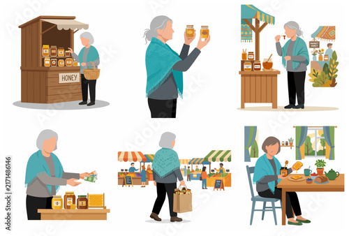Senior Woman Buying and Enjoying Natural Honey at Local Farmers Market and Home Illustration Set