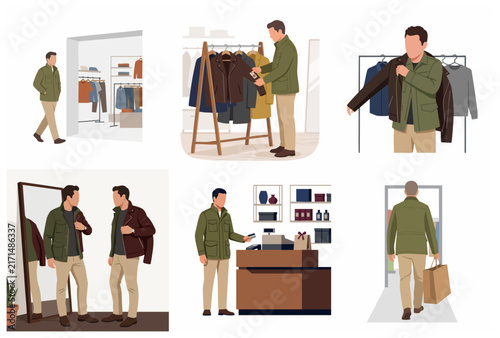 Man shopping for clothes in a clothing store, trying on a stylish leather jacket, paying at the counter, and leaving with a shopping bag. Flat vector illustration set.