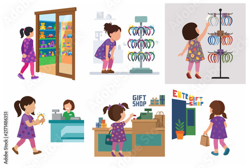 Little Girl Shopping at a Gift Shop Vector Illustration Set: Choosing Accessories, Paying at Checkout, and Carrying Bags