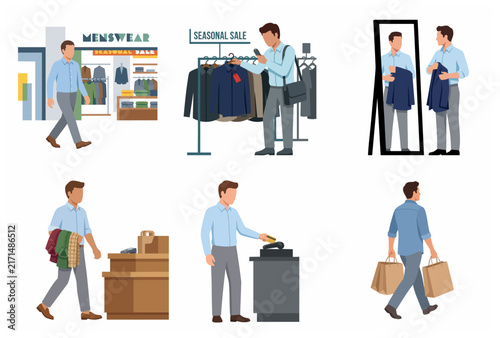 Flat Vector Illustration Set of a Man Shopping for Clothes in a Menswear Store during a Seasonal Sale