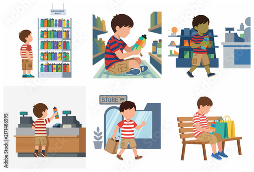 Collection of illustrations showing a little boy choosing, buying, and carrying a new water bottle from a store.