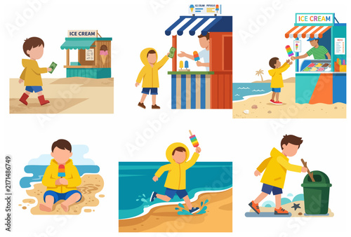 Flat vector illustration set of a young boy buying and enjoying ice cream at the beach during summer vacation