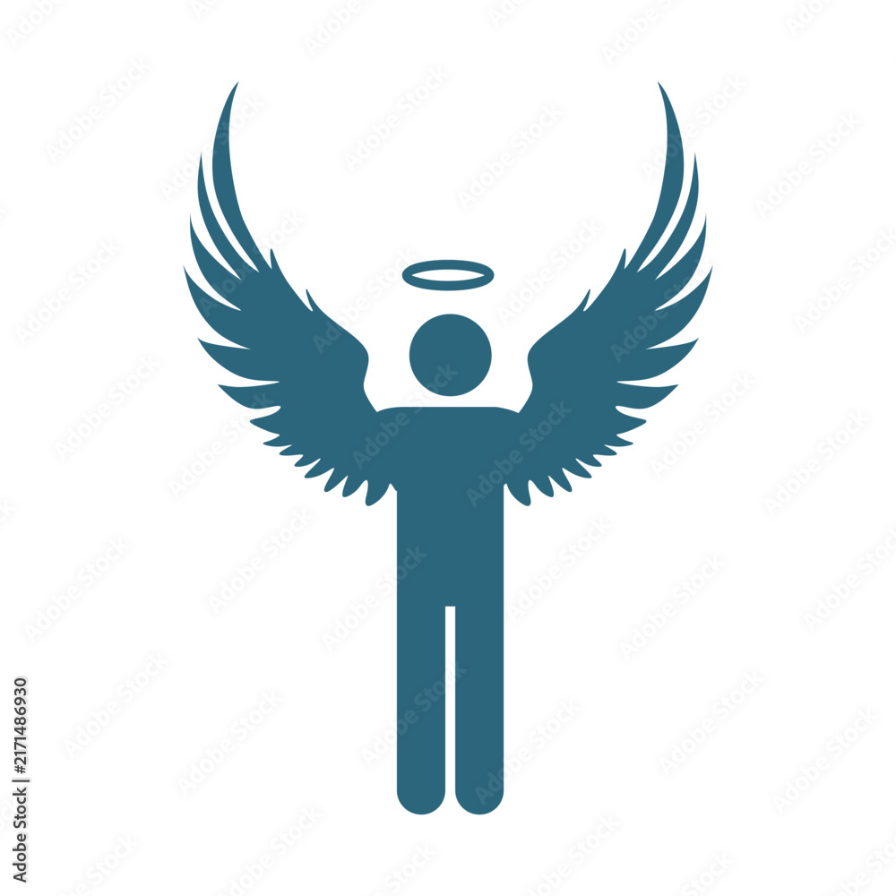 Fototapeta premium Fantasy man angel with huge bird wings. Simple icon