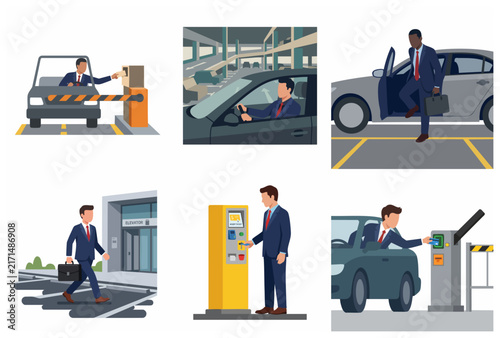 Businessman in Car Parking and Garage Scenarios Illustration Set