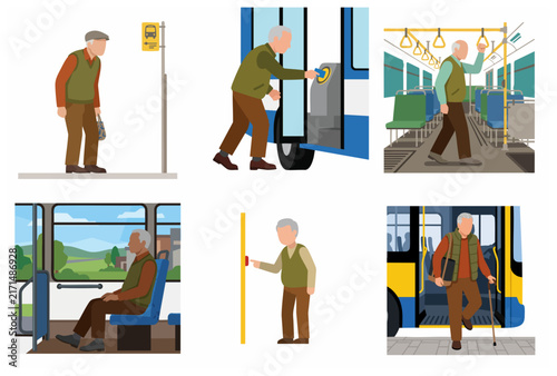 Senior man using public bus transportation system, set of flat vector illustrations showing boarding, riding, and alighting