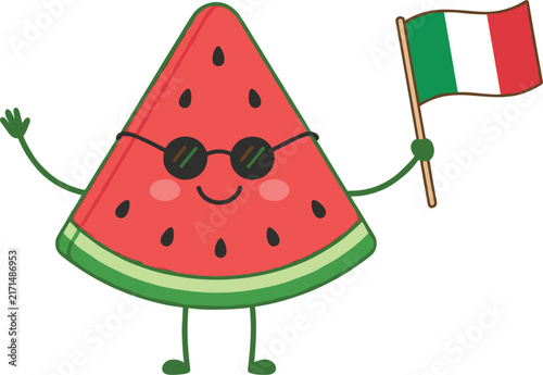  Cute cartoon watermelon slice wearing sunglasses holding Italian flag character vector illustration