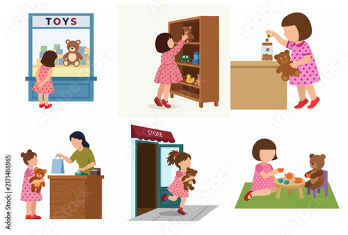 Set of illustrations showing a little girl saving money, buying her favorite teddy bear at a toy store, and playing tea party.