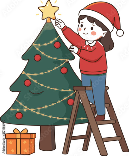  Cute girl in santa hat standing on ladder decorating christmas tree with star topper vector illustration