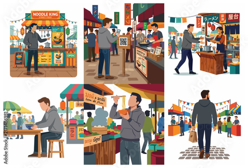 Flat vector illustration set of a man enjoying street food at an Asian market, including ordering ramen, paying with a QR code, and eating at a stall.