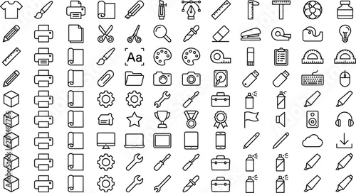  Graphic design and creative tools line icon set featuring pen tool brush ruler palette printing equipment symbols