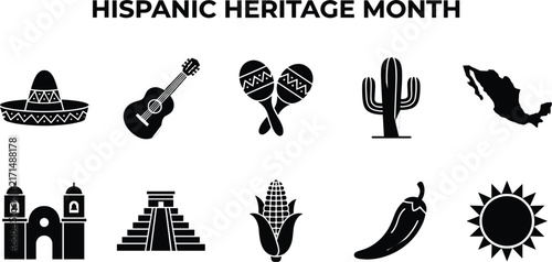  National Hispanic Heritage Month icon set featuring sombrero guitar maracas cactus pyramid and chili pepper silhouette design element