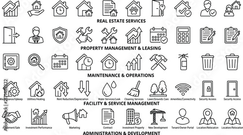  Real estate and property management line icon set featuring housing lease maintenance development facility symbols