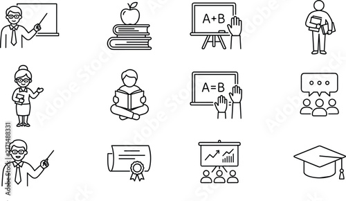  School education and teaching vector icon set featuring teacher student blackboard graduation cap certificate and books line art design element
