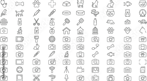  Veterinary care and camera equipment line icon set featuring pet care elements and photography symbols