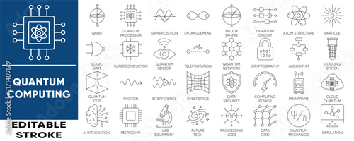 Quantum computing and future tech line icon set. Editable stroke vector icons for physics, AI, data security, qubit, and technology. Clean modern design.