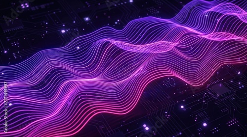 Abstract digital data wave on electronic circuit background