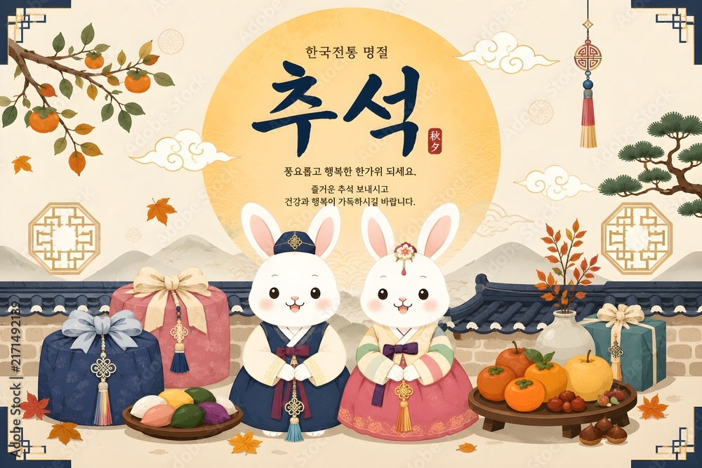 Fototapeta premium Korean Chuseok Festival Celebration with Traditional Hanbok Rabbits, Gift Boxes and Autumn Harvest. 
